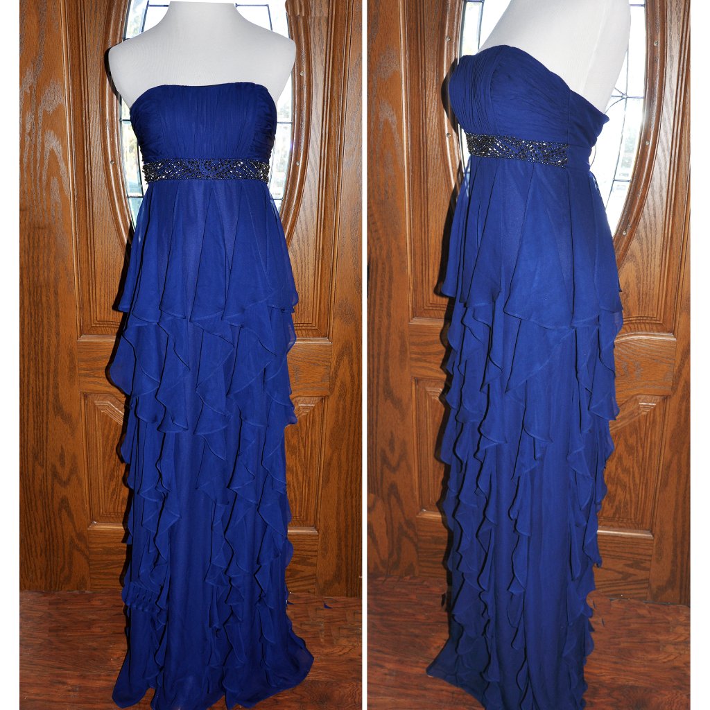 Hailey By Adrianna Papell Navy Blue Strapless Formal Layered Evening Gown